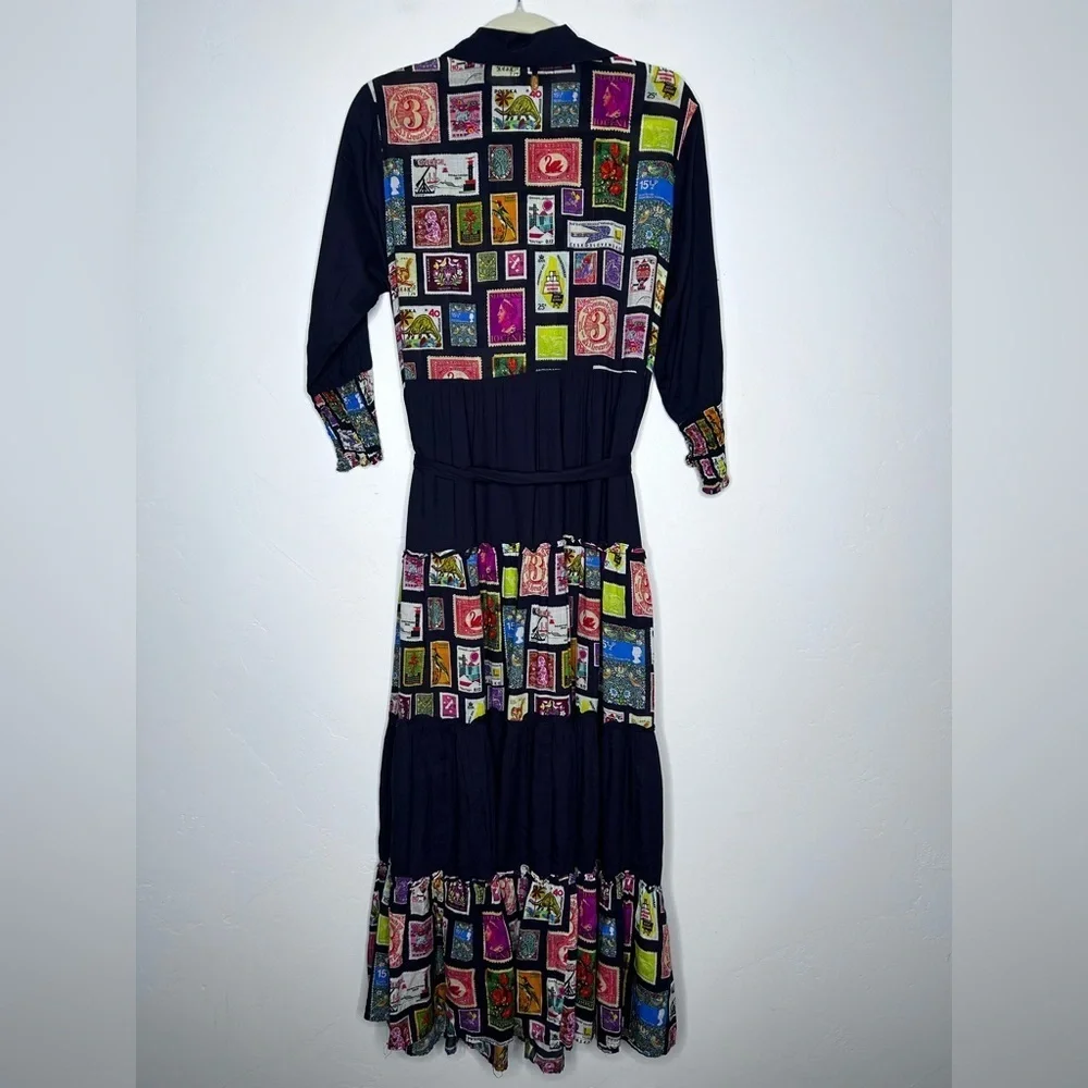 RubyYaya Tiered Postage Stamp Maxi Dress 3/4 Sleeves Button Front Belted Small - Picture 2 of 15